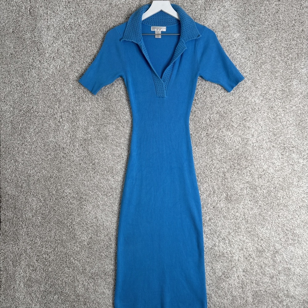 Caroline Constas Blue Knit Ribbed Crochet Collar Bodycon Dress Size S
